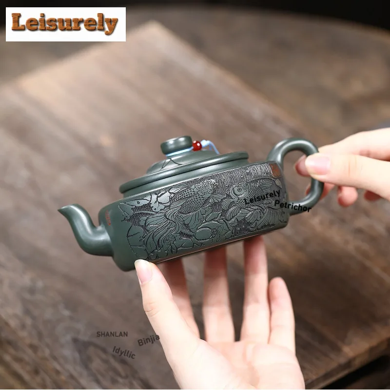 280ml Exquisite Yixing Purple Clay Teapots Handmade Lotus Fish Pot Raw Ore Blackish Green Mud Kettle With Filter Zisha Tea Set