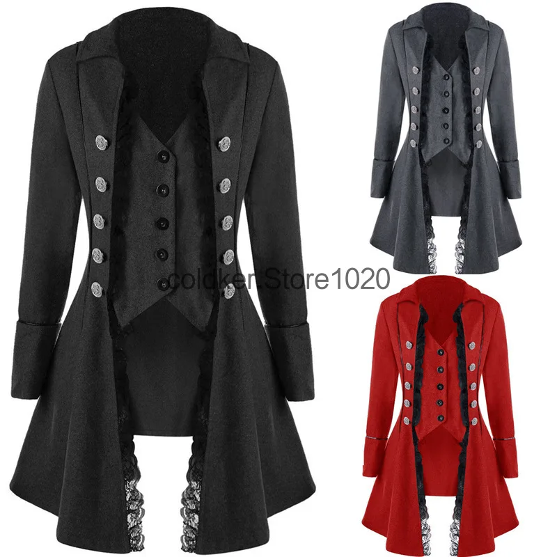 

Women Medieval Gothic Jacket Steampunk Pirate Cosplay Costumes Lace Trim Single Breast Jacket Coat Victorian Vintage Dress