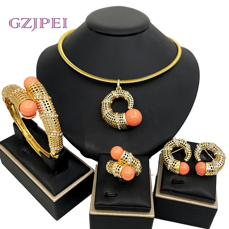 

Italy Fashion Gold Color Jewelry Set Imitation pearls Jewelry Women Nigeria Classic Set Necklace Pendant Earring Bracelets Ring