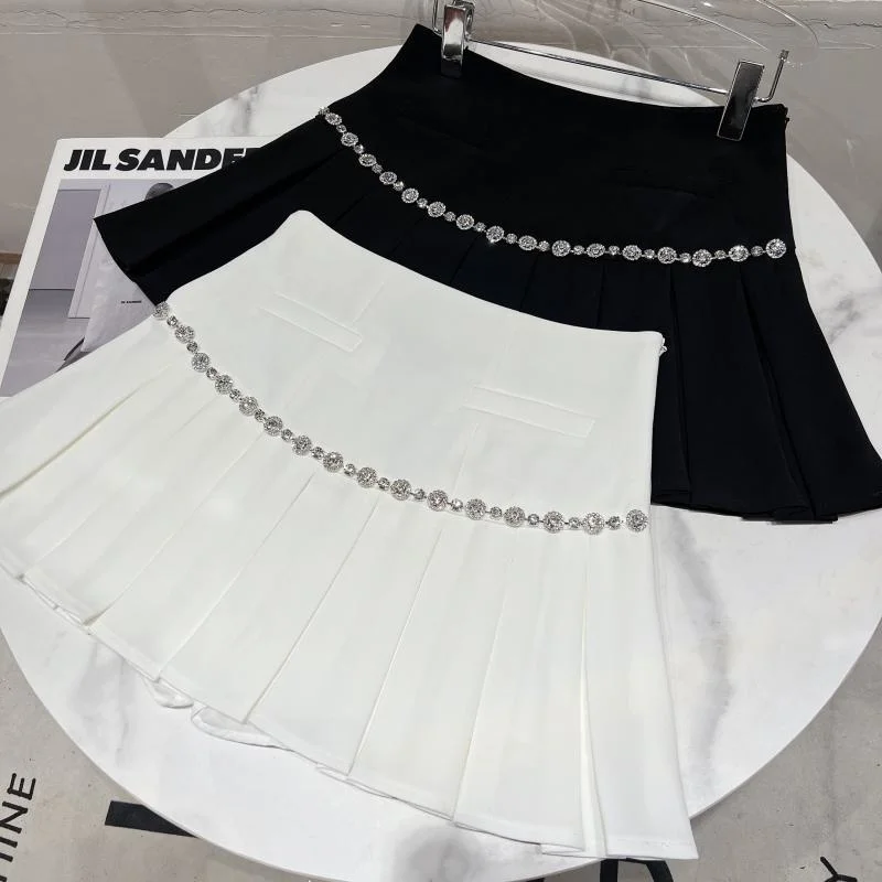 DEAT Women Rhinestone Edge Design Solid Color Pleated Skirt New High Waist Fashion Temperament Spring Summer 2022 11D9406 black mini skirt