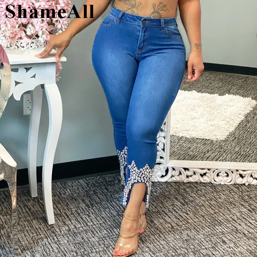 Pantalones vaqueros con abalorios diamantes de imitación para mujer, Capris desgastados, elásticos, largos hasta tobillo|Pantalones vaqueros| - AliExpress