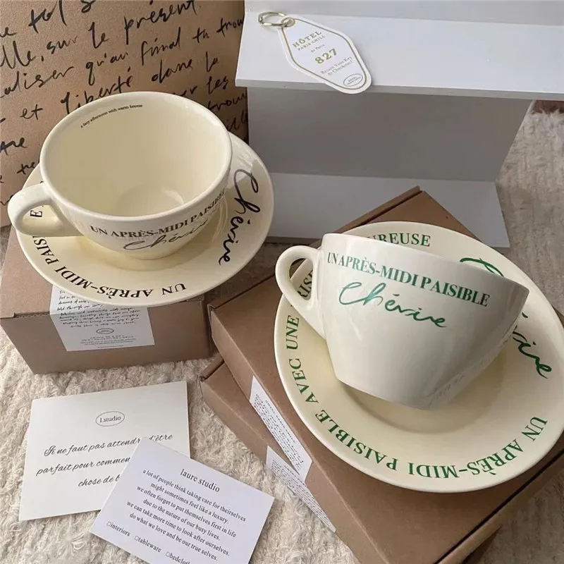 KoreanstyleCoffeeCupandSaucer300MLBreakfastTeaCupMilkMugCeramicTablewareTeacups