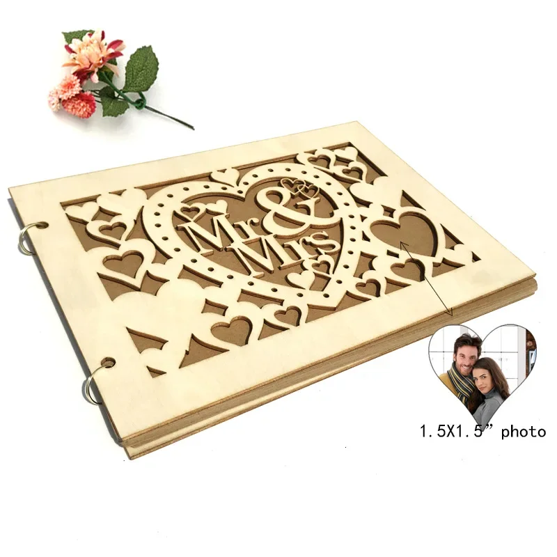 20 Pages Wooden Wedding Guest Books Mrs & Mr Creative Photo Frame Sign Signature Book Rustic Sweet Wedding Decoration Supplies