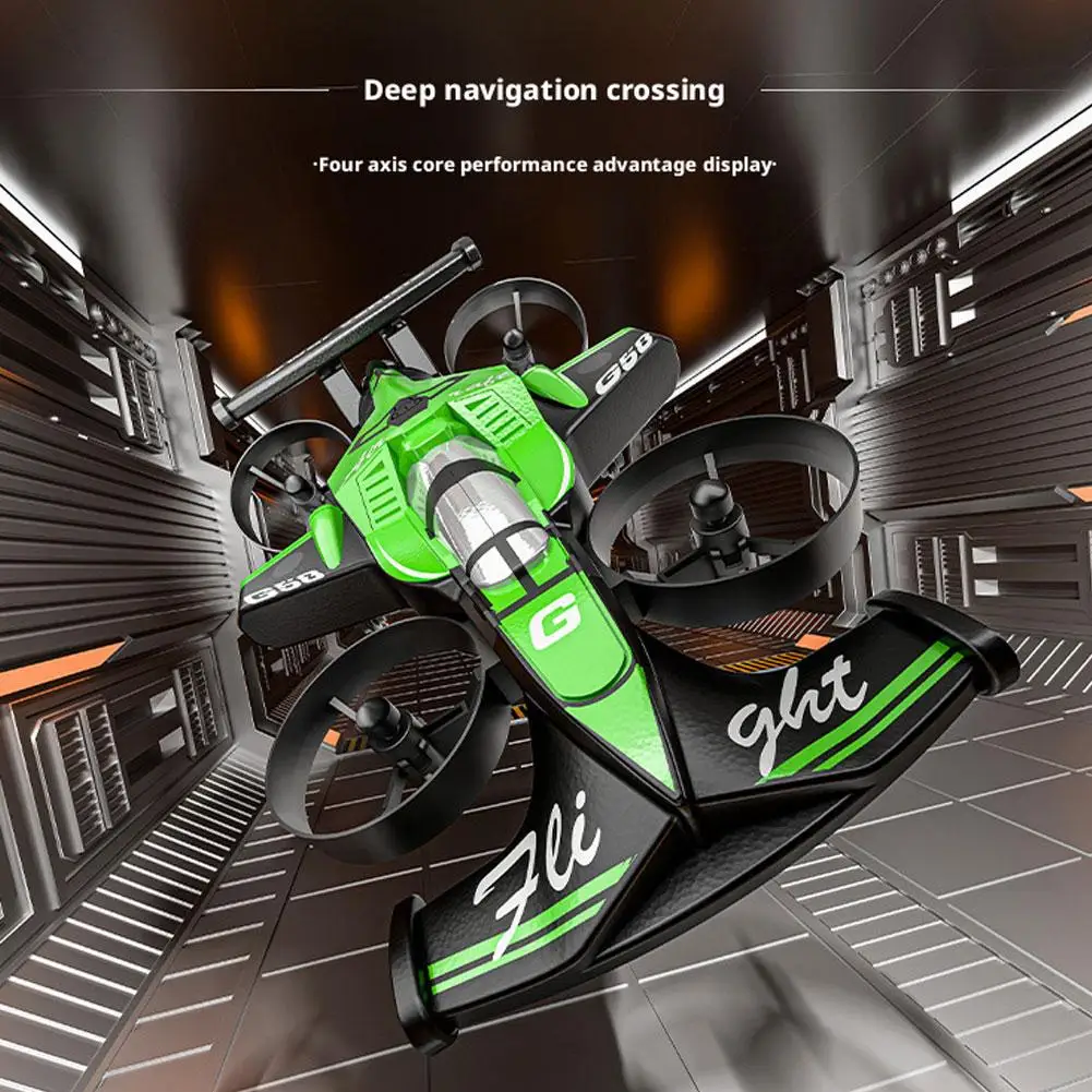 Drone Voiture RC 2 en 1 pour Enfant en mode voiture, roues au sol, design vert vif.