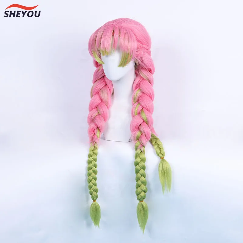 Kanroji Mitsuri Peruca Cosplay com boné, cabelo sintético longo, verde e rosa, resistente ao calor, anime, halloween, alta qualidade