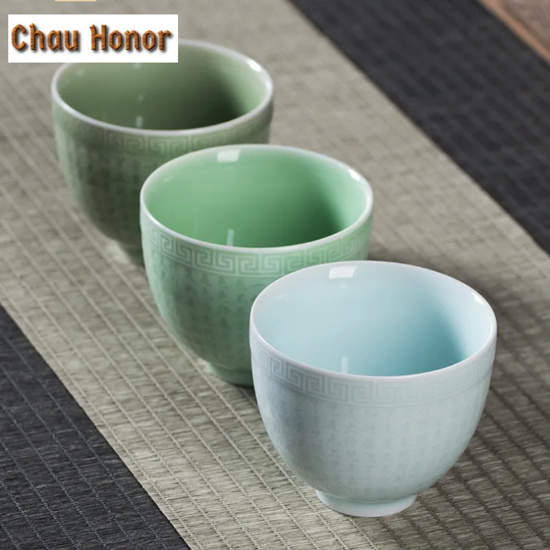 100ml Handmade Heart Sutra Longquan Celadon Teacup Luxury Tea Bowl Jug Tea-tasting Fragrance Cup Jianzhan Master Cups Tea Items