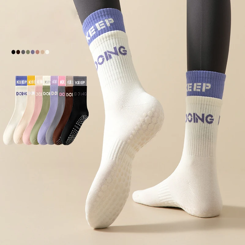 Baumwoll-Yoga-Socken, mittellang, gestreift, atmungsaktiv, für Fitness, Pilates, rutschfest, für Gymnastik, Tanz, Ballett, einfarbig – Detail 1