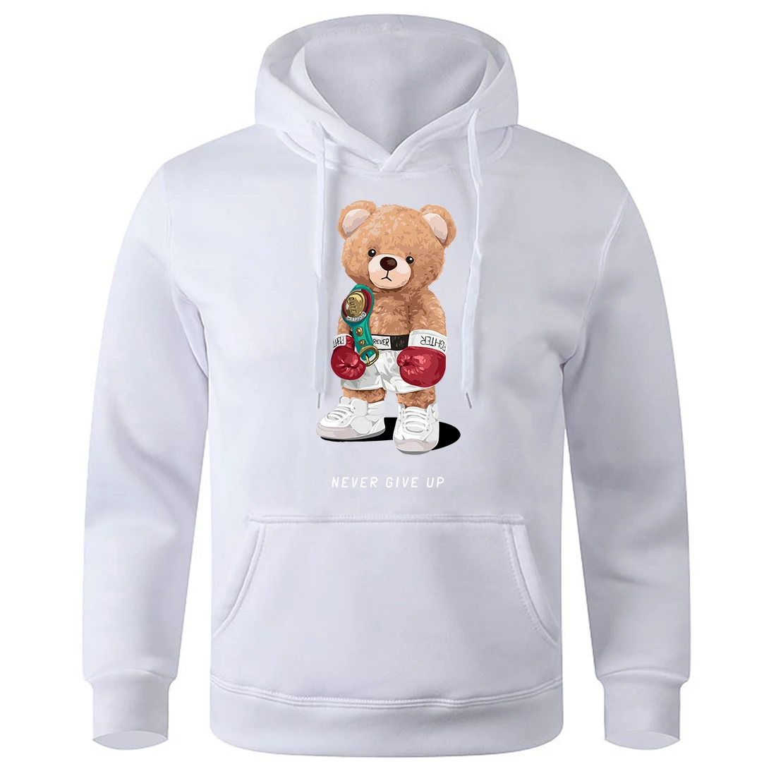 

Strong Boxer Teddy Bear Never Give Up Print Hooded Men Loose Oversized Hoody Basic Aesthetic Pullovers Classic Novelty Hoodies