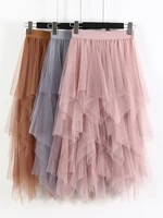 Femmes jupes en Tulle irrégulières mode élastique taille haute maille Tutu Jupe plissée jupes longues Jupe Midi Saias Faldas Jupe Femmle 6