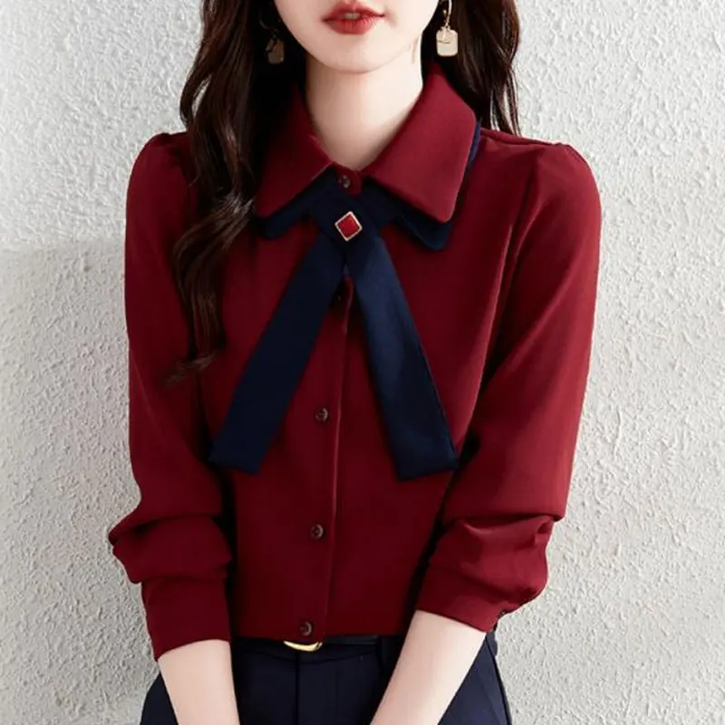 Fashion Casual Basic Shirt Solid Color Women's Clothing Turn-down Collar Spring Autumn Spliced Bow Single-breasted Loose Blouse