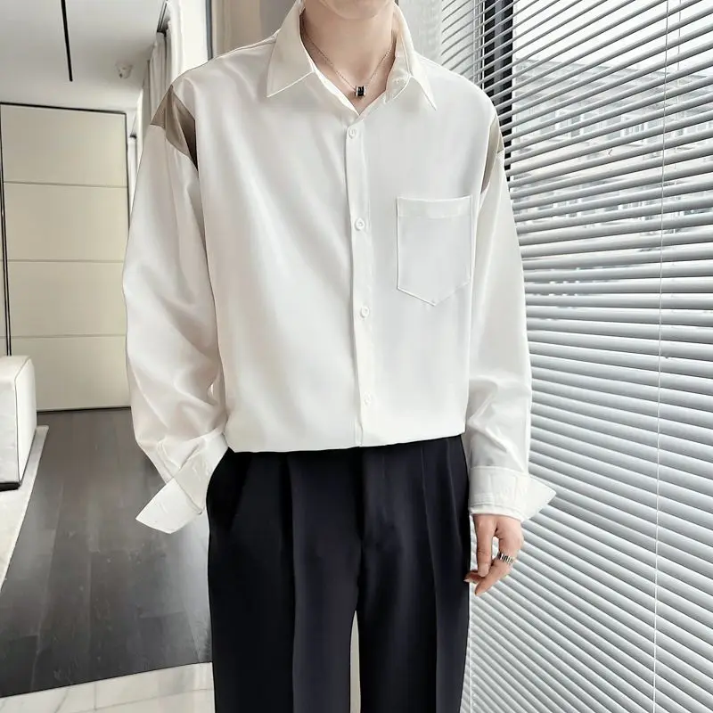 Men Dress Shirt Long Sleeve Iron-free Silky Drape Autumn Patchwork Casual White Shirts for Men Button Pocket Luxury Inner Shirt