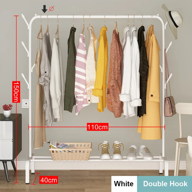 Garment Rack Free-standing Clothes Rack with Top Rod,Coat Rack Clothes, Hanger Wardrobe ,Clothes for Rack Lower Storage W-Double Hook-110cm