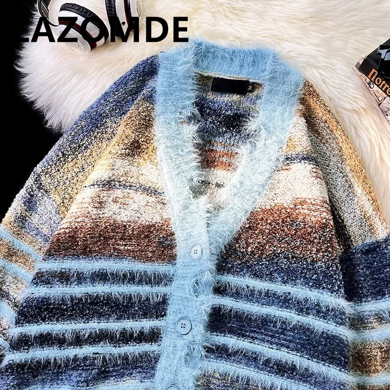 ZAZOMDE American Spliced Wool Cardigan Sweater Knit Men Loose Couple Autumn Contrast Color Sweater Coat Single Breasted Male Top