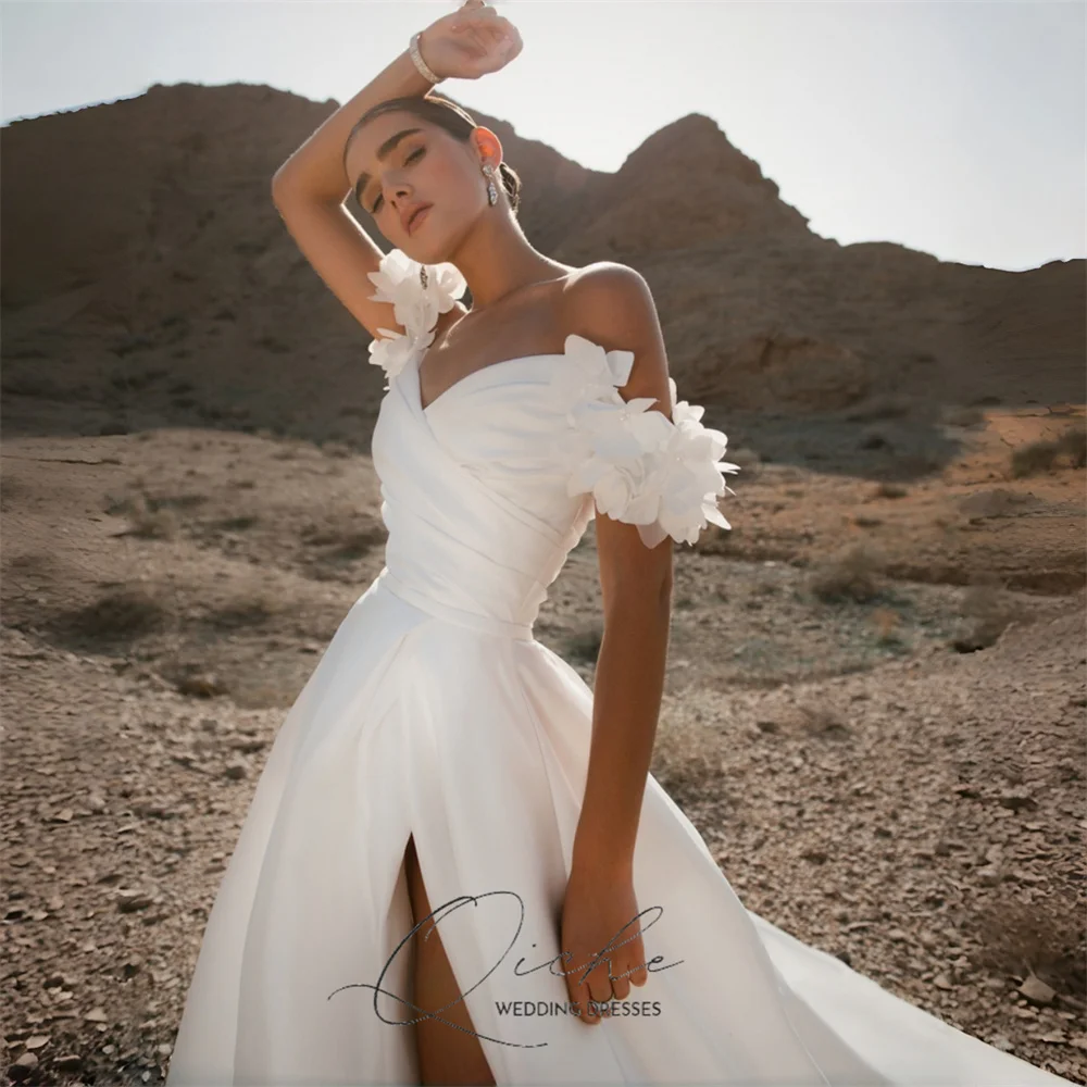 QICHE Modern Satin A-Line Wedding Dresses Women Flowers Off The Shoulder High Side Slit Open Back Vestidos De Noiva Customized