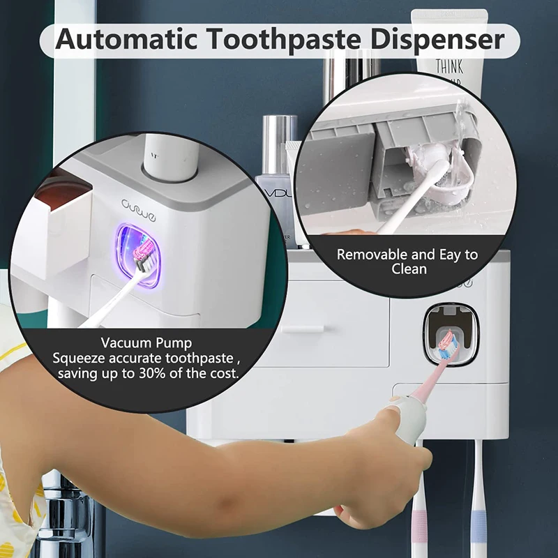 Toothpaste Dispenser Bathroom Accessories Set WIKHOSTAR Multifunction Toothpaste Dispenser Magnetic Adsorption Inverted Toothbrush Holder Storage Rack Bathroom Accessories
