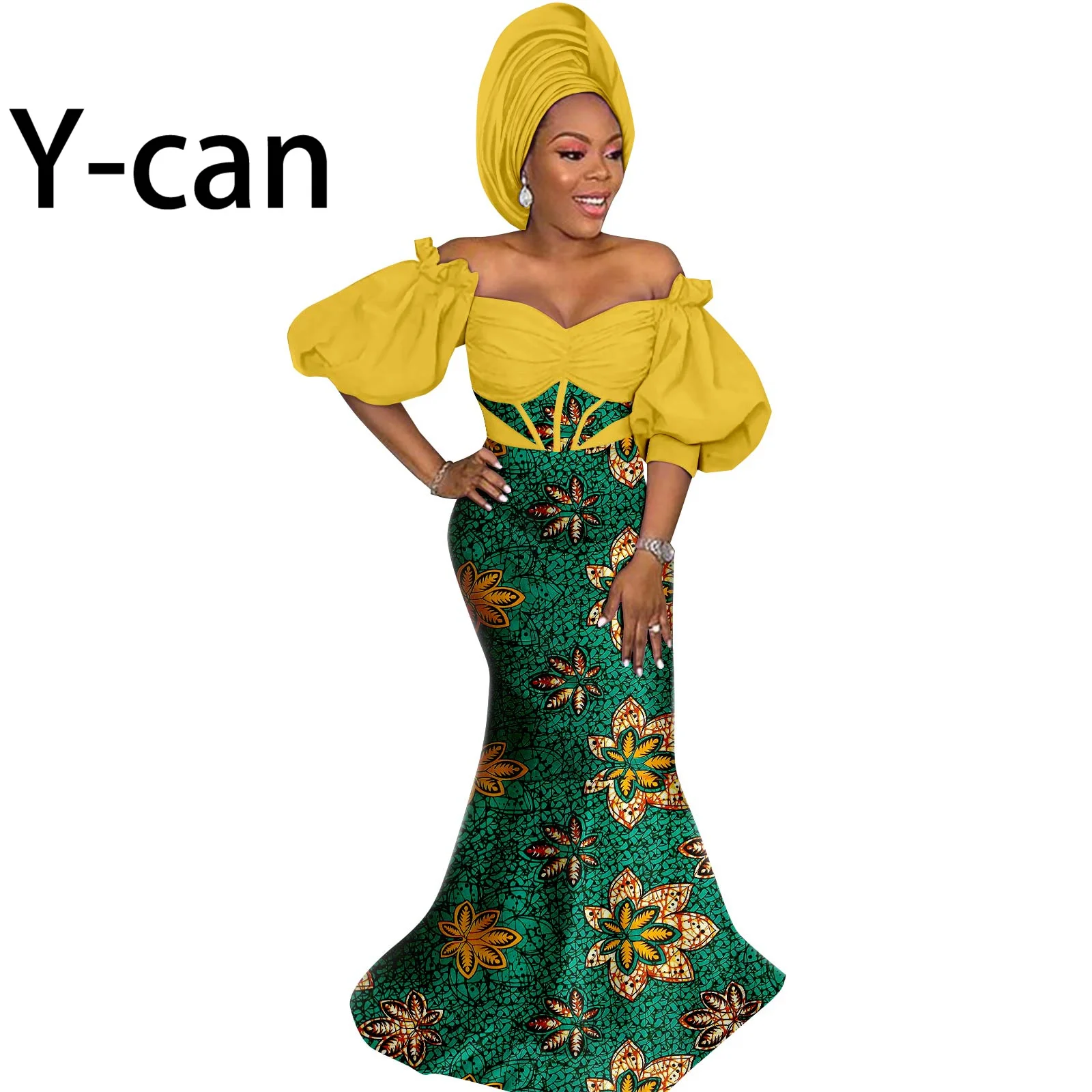 African Party Dresses for Women Dashiki Wax Print One Shoulder Ball Gown Match Headscarf Bazin Riche Lady Sexy Outfits Y2225041