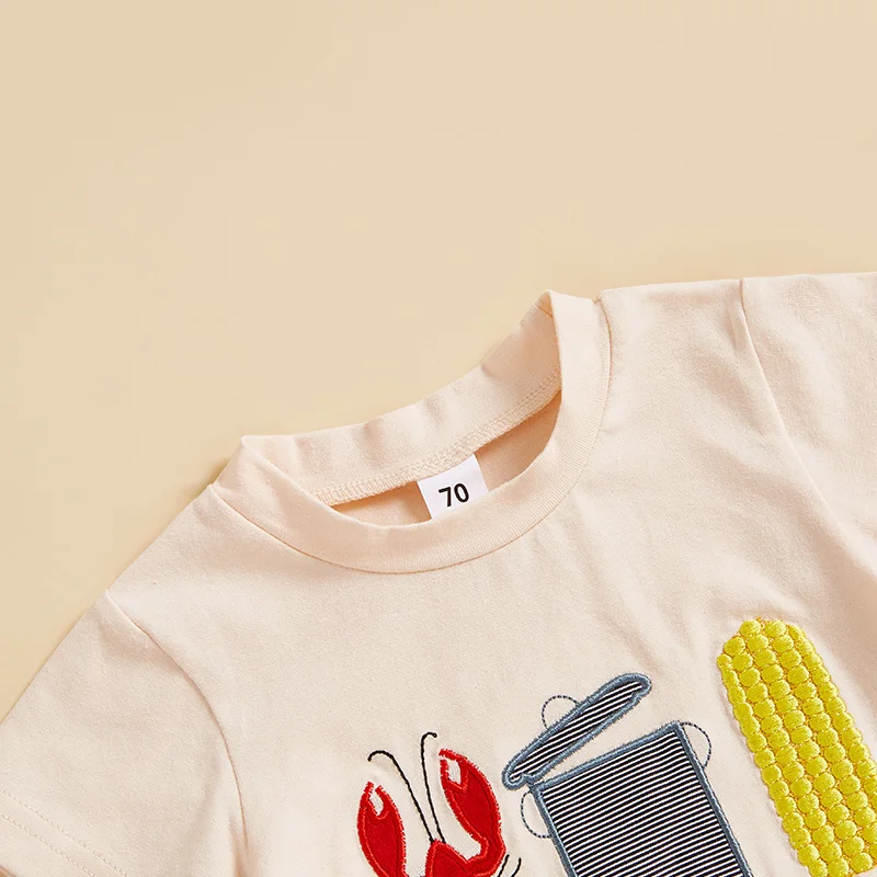 2024-12-10 Lioraitiin Kids Boys Summer Outfit Short Sleeve Crew Neck Embroidery T-shirt with Lobster Print Shorts Clothing Set 4