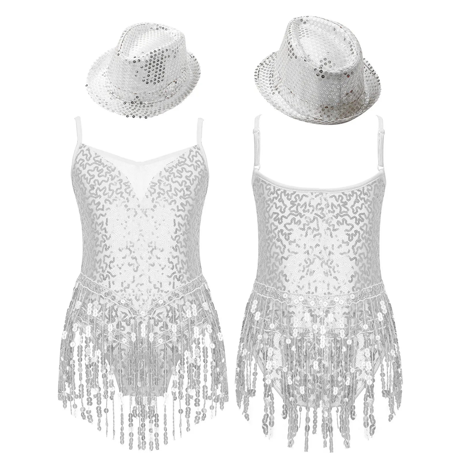 Kids Girls Dance Leotard Shiny Sequins Tassel Hem Mesh Patchwork Sleeveless with Hat for Jazz Latin Dance Stage Performance