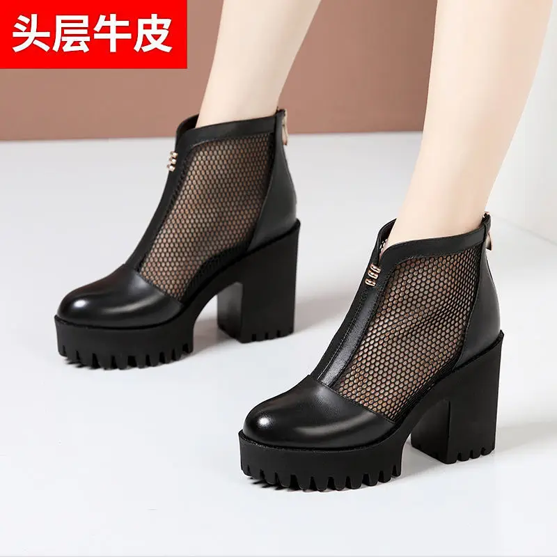 

Mesh Martin Boots Women Summer 2023 New Thick-heeled Platform Joker Plus size 32-43 Leather Sandals Hollow Breathable Boots.