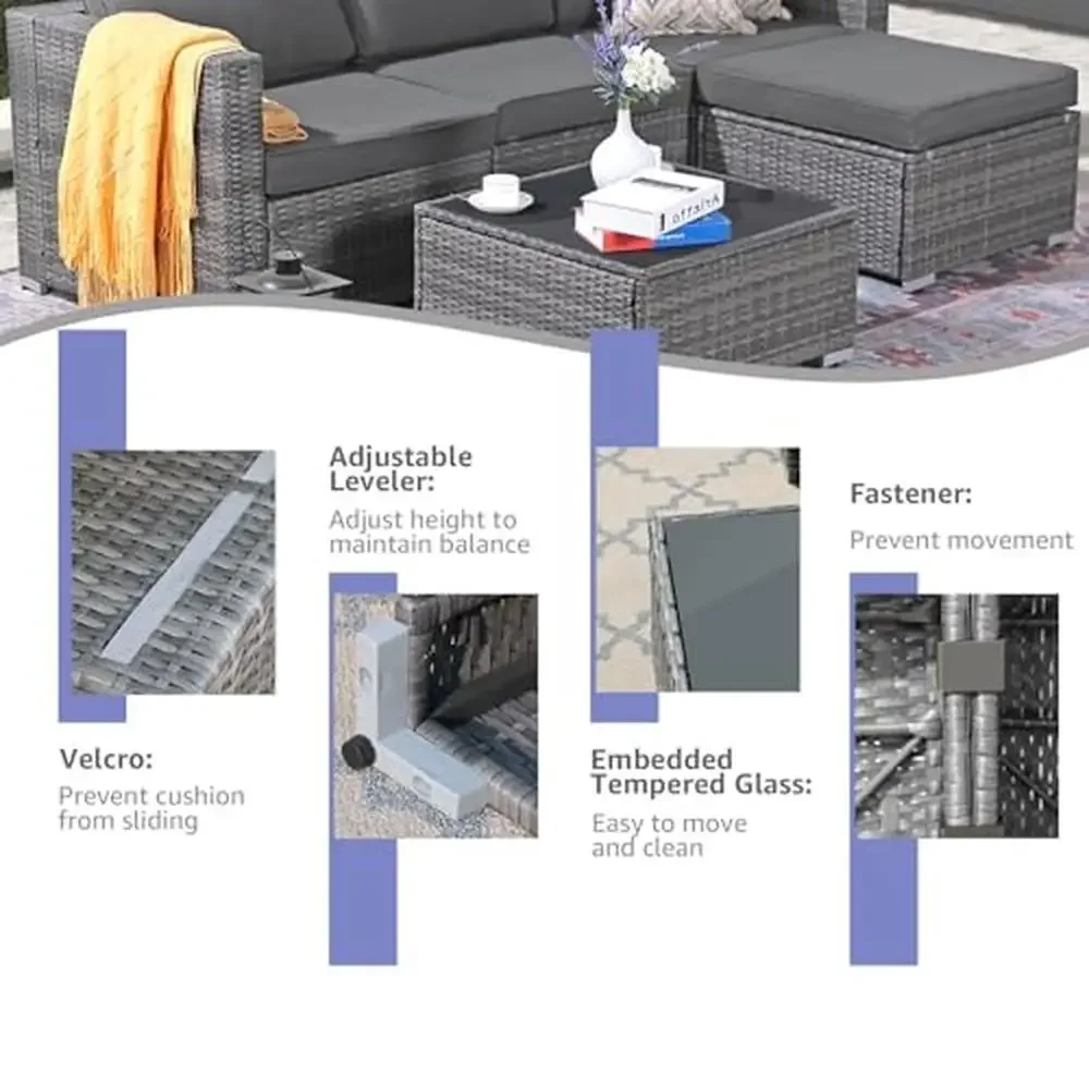 Outdoor Wicker Sectional Sofa Set 6-Piece All-Weather Conversation Furniture Set Grey Rattan Patio Sofas 5