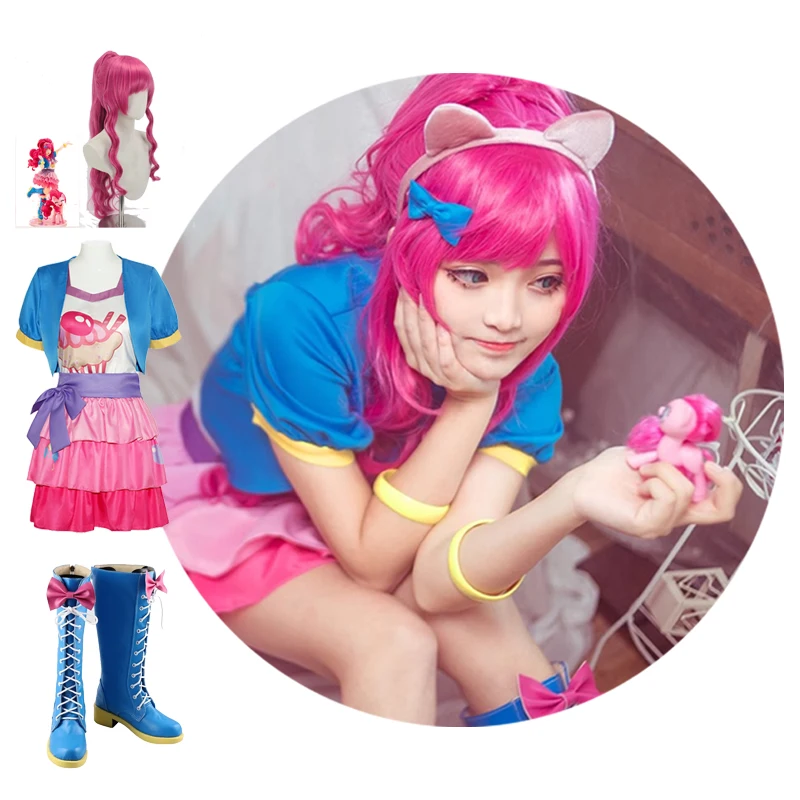 

Cartoon Anime Little Pony Pinkie Pie Cosplay Costume Fashion Uniform Outfit Halloween Christmas Party Princess Skirt Boots Wig