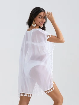 Women Sheer Swimwears Cover-ups See Through Mesh Balls Tassel Mini Beach Dress Summer 1