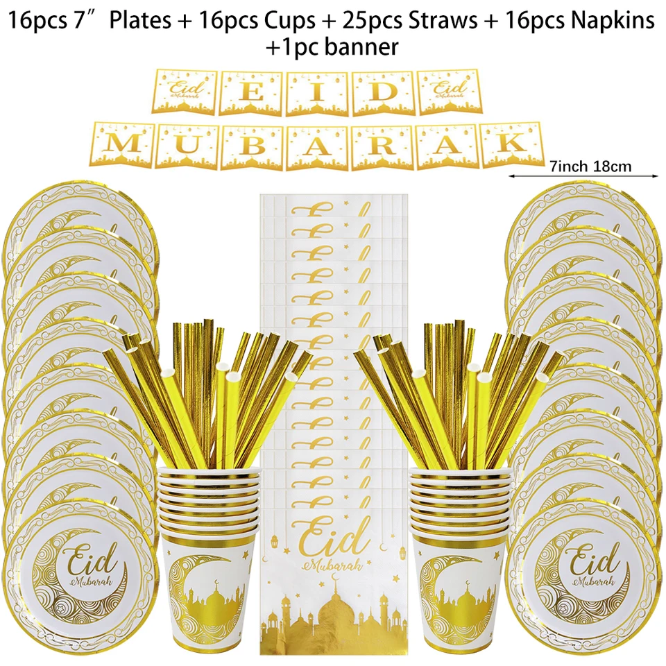 EID MUBARAK Decoratie – Wegwerpserviesset – 60 stuks – 12 x grote borden, middelgrote borden, bekers, rietjes en servetten (goudgoud
