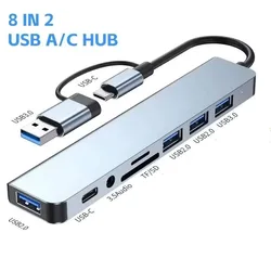 Type C USB Hub 5-Port Multi Splitter - Aluminum Alloy USB 3.0/2.0 with TF/SD OTG Connectivity (8 in 2)
