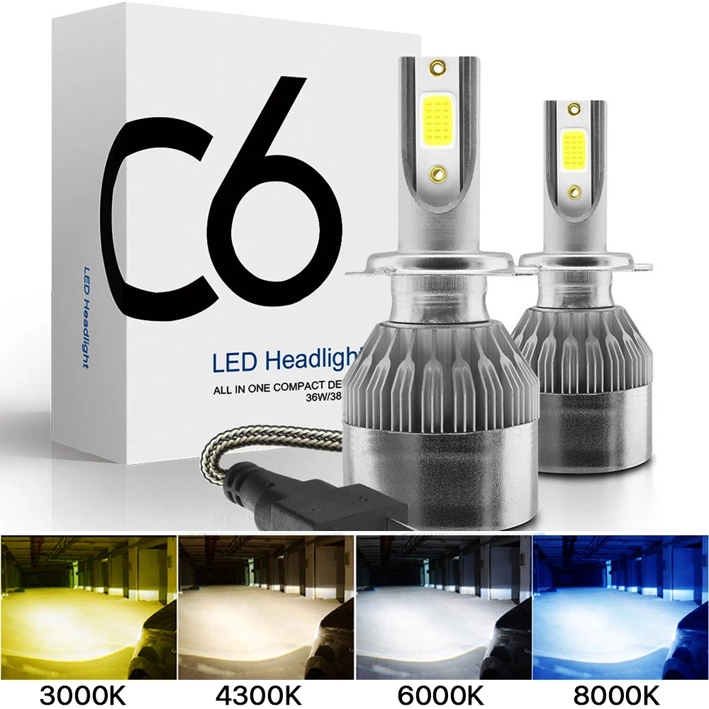 2x H7 LED H11 H4 Hi/Lo H1 H3 H8 HB1 HB3 HB4 HB5 HIR2 H13 H27 9005 9006 Lâmpadas Dos Faróis Do Carro 3000K 6000K 8000K COB C6 luzes do carro