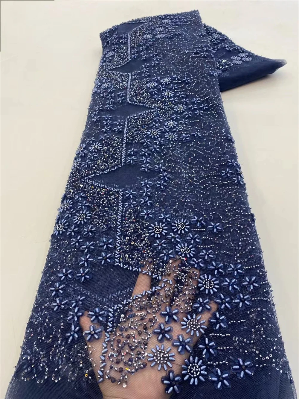 

Latest Navy Blue African Handmade Beads Laces Fabrics High Quality Nigerian Sequins Mesh Lace Fabric For Party Dress Wp243-2
