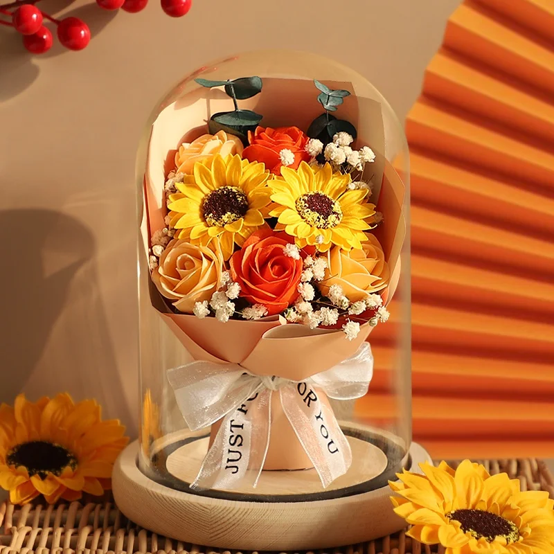 

sunflower spa dry flower glass cover simulated women soap girlfriend girl birthday gift wedding gifts for guests party favors