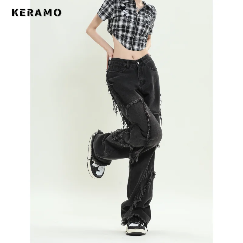 

American Vintage Tasssels Grunge High Waist Straight Jeans Pants Women Casual Baggy Y2K Wide Leg Streetwear Style Denim Trouser
