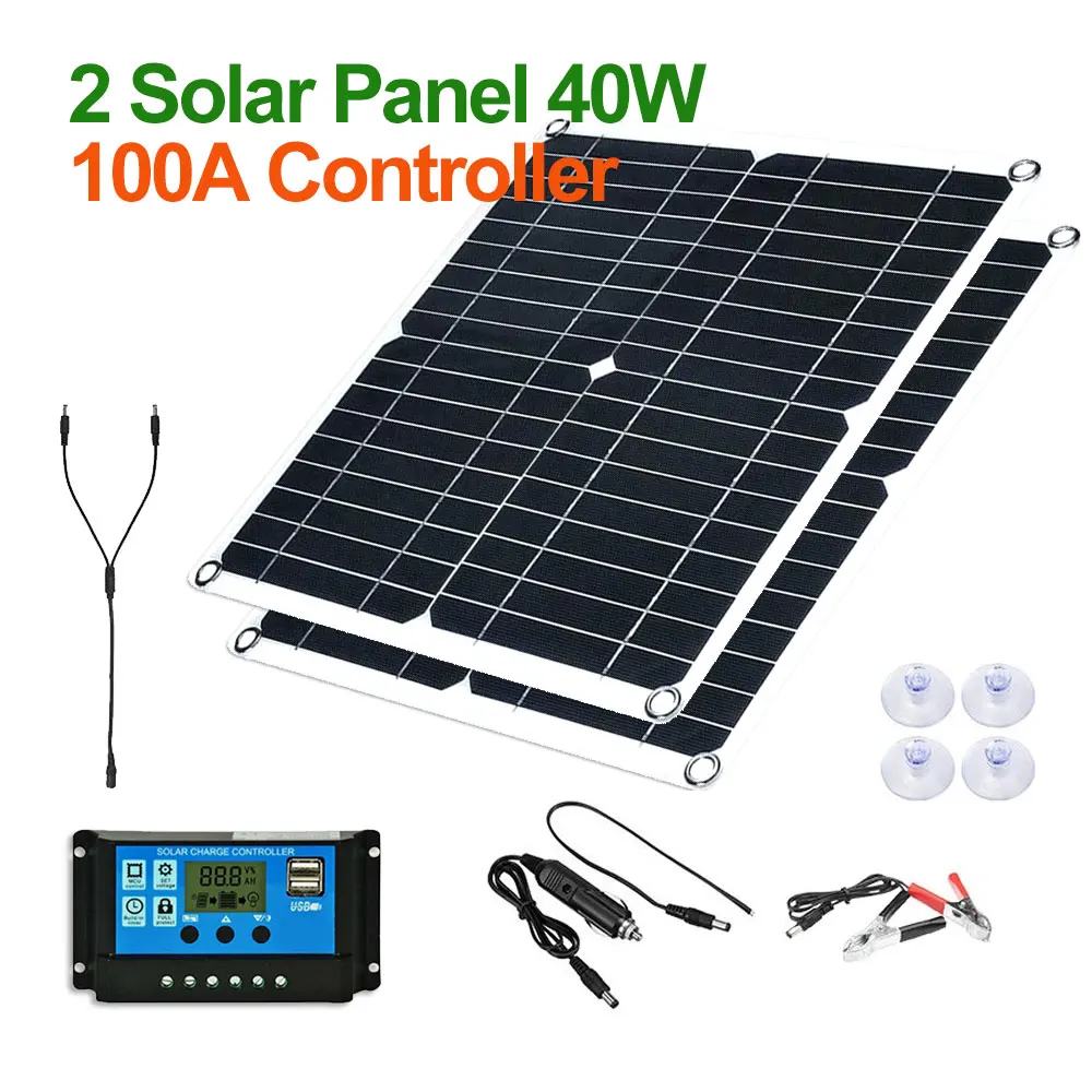 Solar Panel Kit 20W/40W Solar Panel Solar Kit USB+DC Output 30A-100A Controller Mobile Phone Outdoor Camping Lightweight Portable System