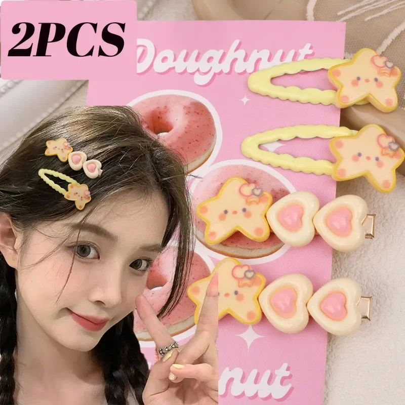 Cartoon Star Hair Clips Yellow Cream Color Heart Shape Kawaii Sweet Designer Hair Rings Bangs Side Duckbill Hairpins for Girls 50 50cm satin silk scarf fashion women neck scarf print square flight attendants handkerchief rings lady hair scarf