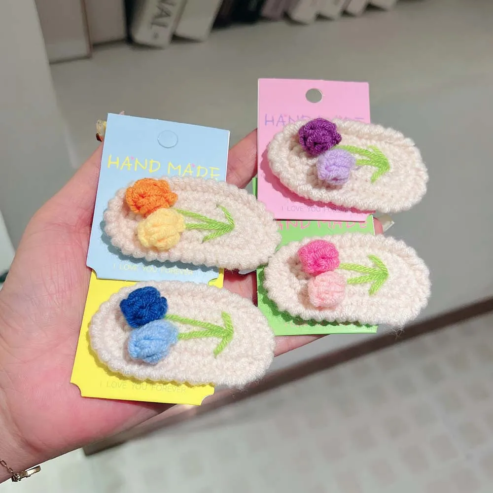

Autumn Winter Woolen Knitted Color Rose Flower Snap Hair Clips For Girl Cute Sweet Fairy Hairpin Barrettes Fashion Accessories