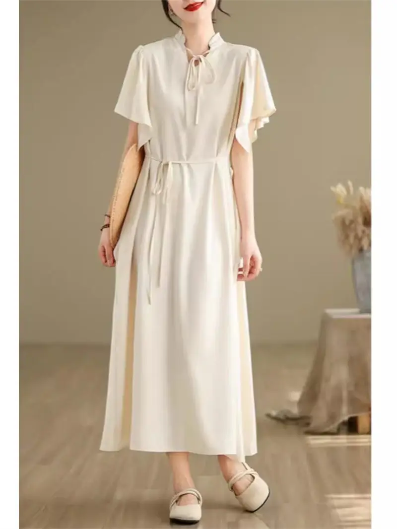 

Women's Dress 2024 Summer New Retro Luxury Ruffle Sleeves V-Neck Lace Up Loose Long Dress Solid Color Casual Clothing K388