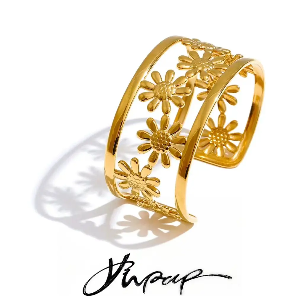 Yhpup Stainless Steel Flower Hollow Cuff Wide Bracelet Bangle
