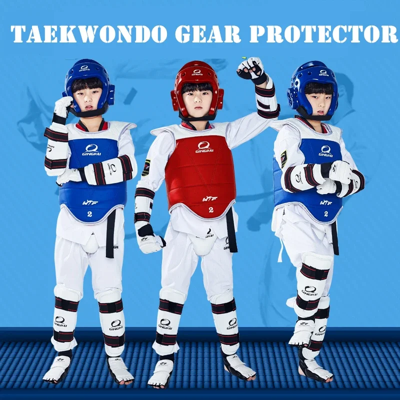 Kit de protection de taekwondo pour enfants, casque de karaté, protection de la poitrine, tibia, bras, entraînement intégré, coup de pied, armure Linge, cadeau, nouveau