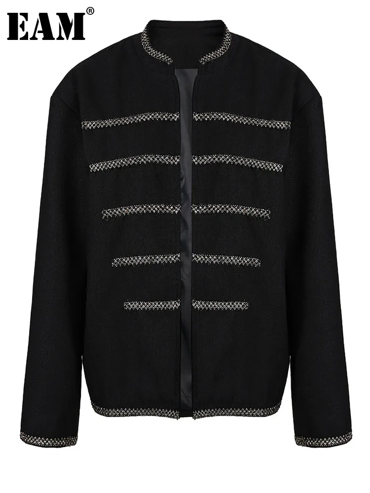 

[EAM] Свободная черная полосатая Элегантная куртка большого размера, Новое Женское пальто с круглым вырезом и длинными рукавами, модная весенне-осенняя коллекция 2024, CPG0704