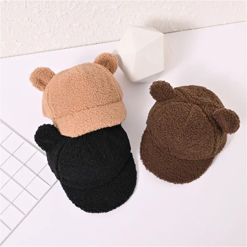 

Autum Winter 2-9y Solid Color Children Baseball Cap Lamb Wool Baby Cap Bear Ears Hat Peaked Cap