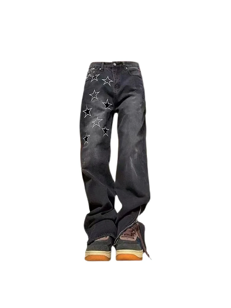 

Women Gothic Black Star Jeans Summer Streetwear Harajuku Baggy Vintage Casual Y2k Straight Zipper Denim Wide Leg Pants Trouser