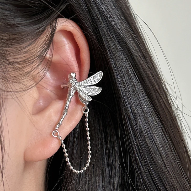 1pc Dragonfly Earbone No Pierced Earrings Female Fake Piercing Beads Tassel Silver Color Insect Ear Cuffs Vintage Jewelry EF114