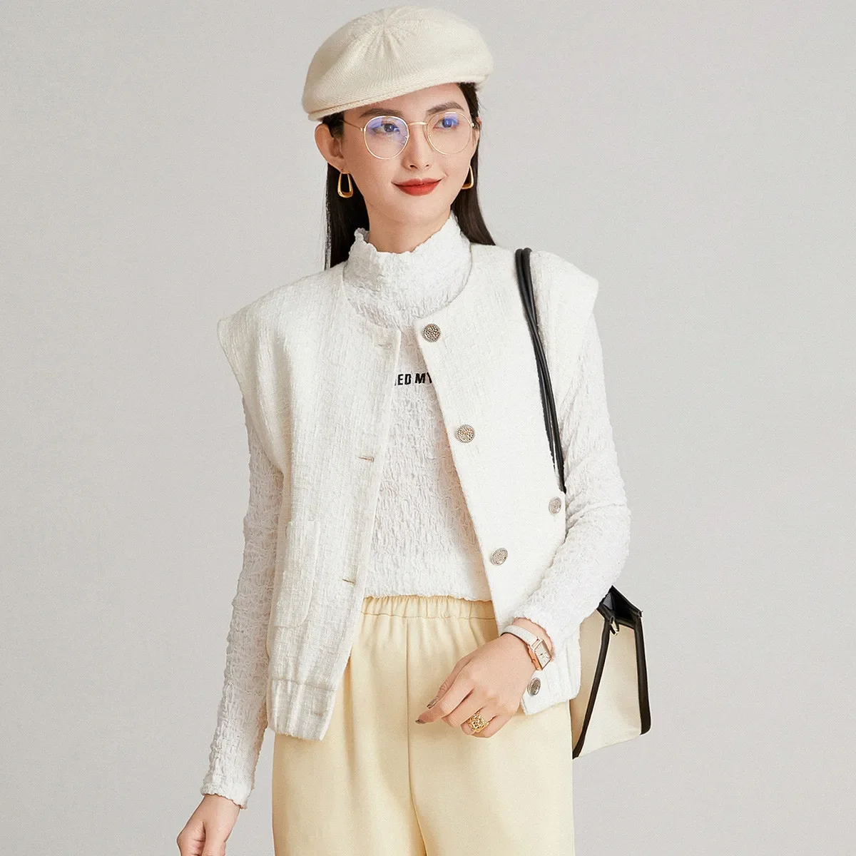 

Женский жилет LOUIS YAO, весна 2024, повседневный СВОБОДНЫЙ Модный жилет с круглым вырезом, куртка без рукавов, женская верхняя одежда, Топ