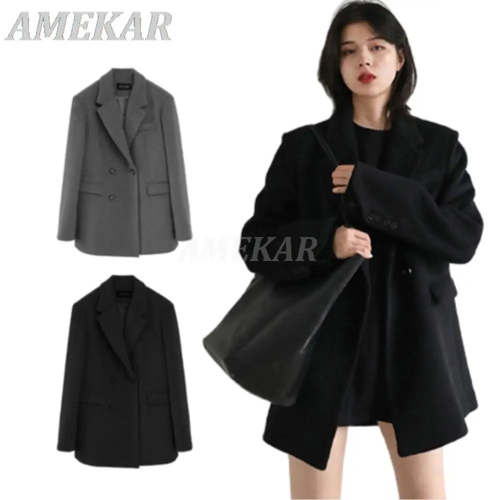 

Women Mid Long Thick Woolen Blazer Coat Solid Warm Wool Blend Blouse Ladie Autumn Winter Classic Button Overcoat Office Lady Top