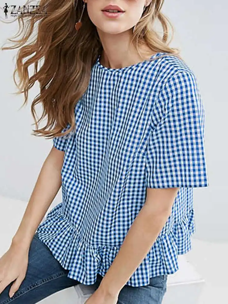 

ZANZEA Summer Short Sleeve Tops Fashion Women Plaid Grid Shirt Bohemian Ruffles Blusas Femme Check Blouse Holiday Tunic Tops