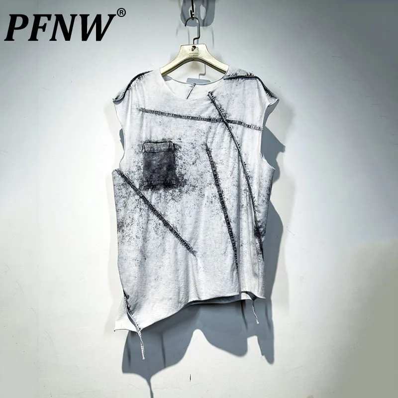 

PFNW Reversible Men's Sleeveless T-shirts Summer High Street Worn Out Male Vests Spliced Washed Asymmetry Retro New Tops 28W1007