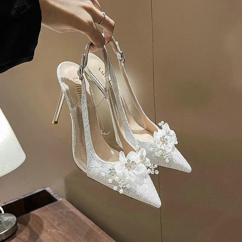 French Bride Gold Wedding Shoes Thin Heel Pointed Shallow Mouth