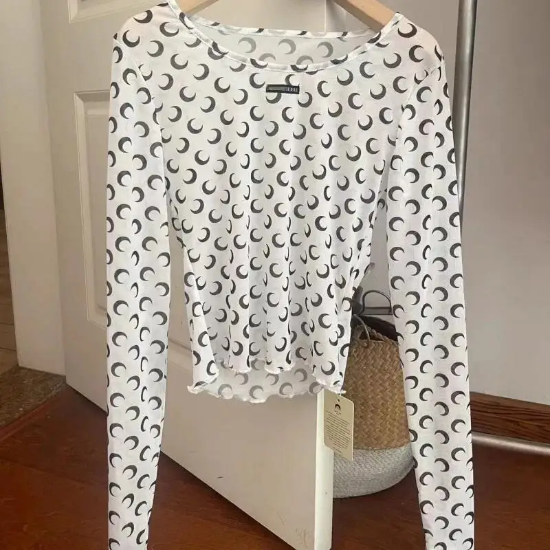 Women Sheer Mesh Shirt Long Sleeve Crop Top Slim Elastic Blouse Y2K Casual Sexy Ruffles Bottoming T Shirt 6