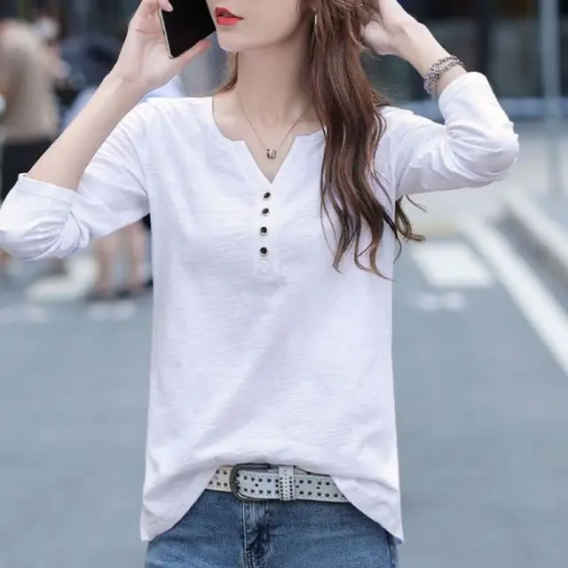 Female Clothing Spring and Autumn New Loose V-neck Button Tee Shirt Long Sleeve T-shirt Women's Large Pullover Casual Tops 2