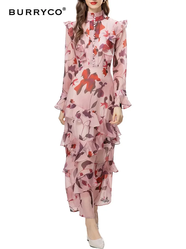 

BURRYCO 2023 Autumn Women's New Original Design Stand Up Collar Printed Ruffle Edge Multi Button Slimming Dress